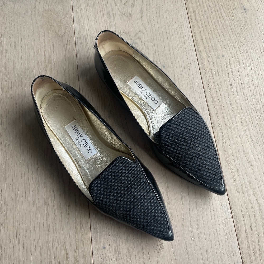 Jimmy Choo Pointed Black Leather Woven Flats, IT 36, US 5, Womens Slip On Loafer